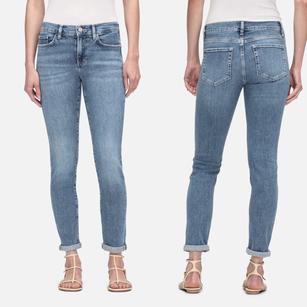 FRAME Le Garçon in Daphne Blue Super Stretch Mid Rise Boyfriend Denim Jeans 32